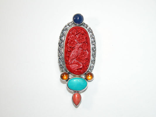 33324 Hand Carved Cinnabar Bird, Turquoise, Sterling Silver Pin and Pendant
