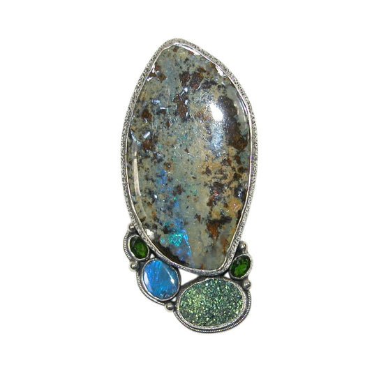 Boulder Opal, Drusy Sterling Silver Pin Pendant