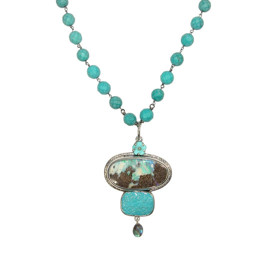 33331 Boulder Opal, Turquoise Beaded Sterling Silver Necklace