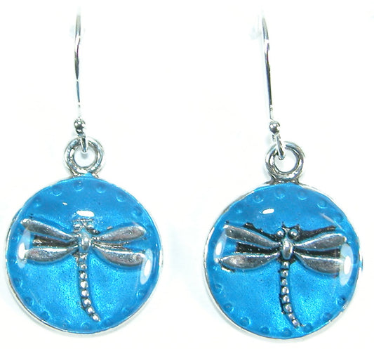 Hand Enameled Blue Dragonfly Drop Sterling Silver Fishhook Earring