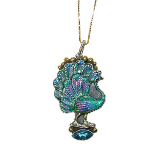 33346 Hand Enamel Peacock, Blue Topaz Sterling Silver Necklace