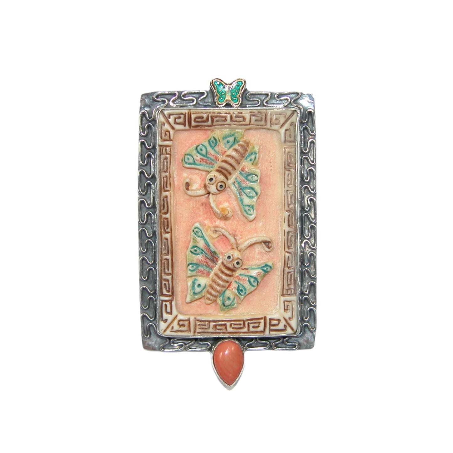33351 Hand Carved Scrimshaw Peach Calcite Butterfly Sterling Silver Pin and Pendant