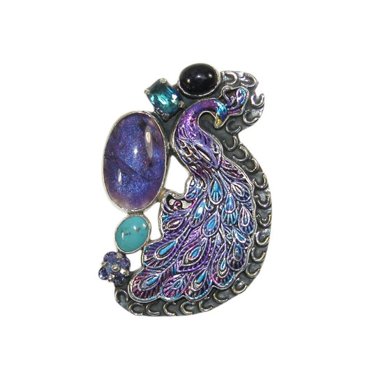 Turquoise, Onyx, Hand Enamel Peacock Sterling Silver Pin and Pendant