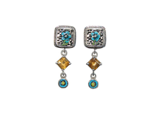 33358 Hand Enameled Flower, Citrine, Sterling Silver Earrings