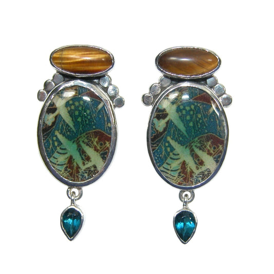 33366 Tigers Eye Hand Made Tile Topaz Sterling Silver Earrings