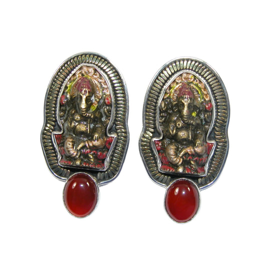 33370 Carnelian Ganesha Sterling Silver Earrings