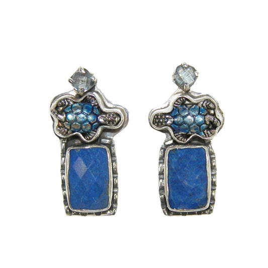 33374 Blue Topaz and Lapis Hand Enameled Turtle Sterling Silver Earrings