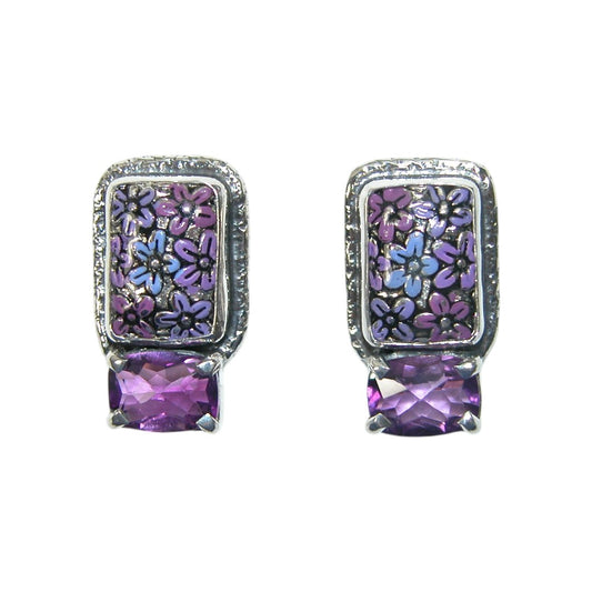33376 Hand Enamel Amethyst Sterling Silver Earrings
