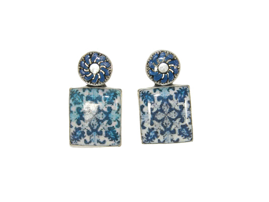 Hand Made Tile with Blue Filigree and Hand Enameled Flower Sterling Silver Earrings