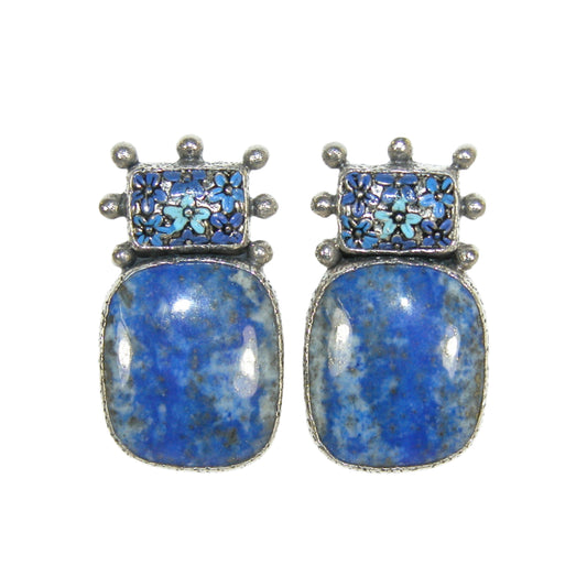 Blue Lapis Hand Enamling Sterling Silver Earrings