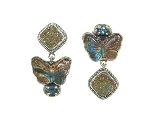 Carved Labradorite Butterfly with Blue Topaz and Natural Rainbow Pyrite Drusy Dangle Sterling Silver Earrings