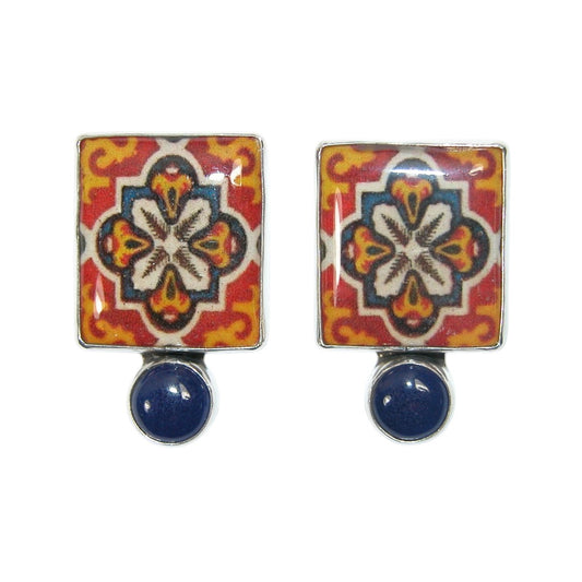 33402A Lapis, Hand Made Tile Sterling Silver Earrings