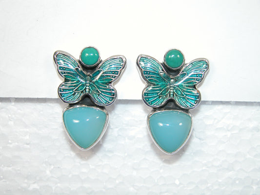 33414 Hand Enameled Butterfly, Quartz, Turquoise Sterling Silver Earrings