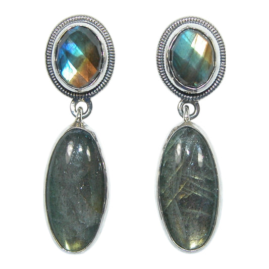 33415 Faceted & Cabochon Labradorite Drop Sterling Silver Earrings