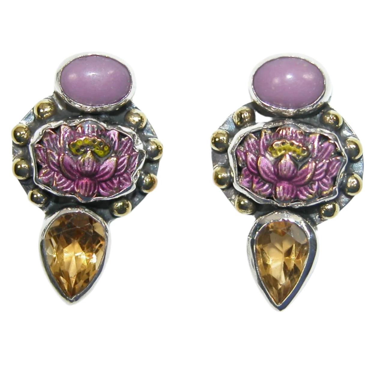 33422 Phosposphiderate, Enameled Purple Flower and Citrine Sterling Silver Earrings