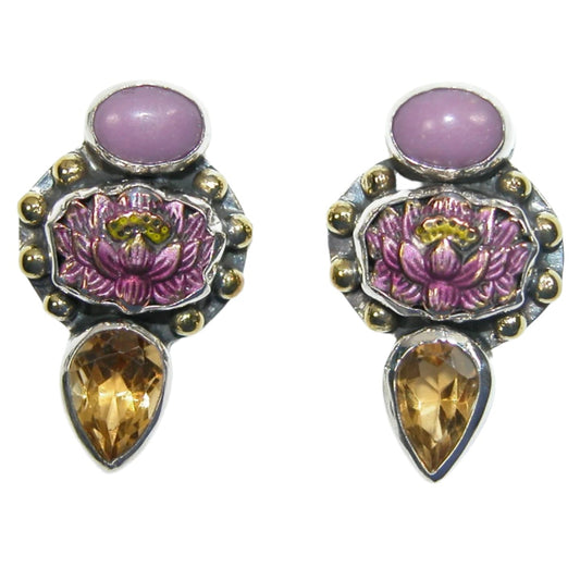 33422 Phosposphiderate, Enameled Purple Flower and Citrine Sterling Silver Earrings