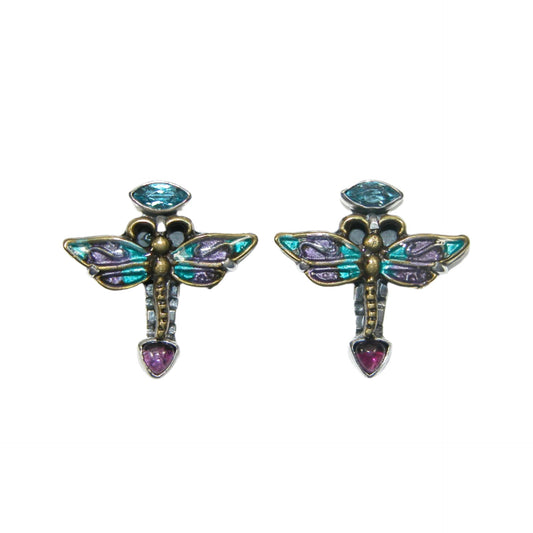 33425B Blue Topaz and Amethyst Dragonfly Hand Enamel Sterling Silver Stud Earrings