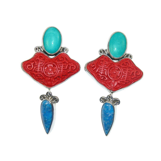 Red  Carved Turquoise Sterling Silver Earrings