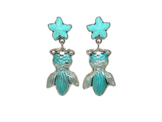 33433 Hand Enameled Fish, Turquoise Carved Starfish, Sterling Silver Earrings
