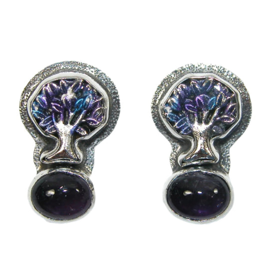 33439 Amethyst Enamel Purple Tree of Life Sterling Silver Earrings