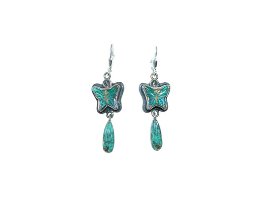 33440L Hand Enamel Butterfly, Carved Turquoise, Sterling Silver Earrings