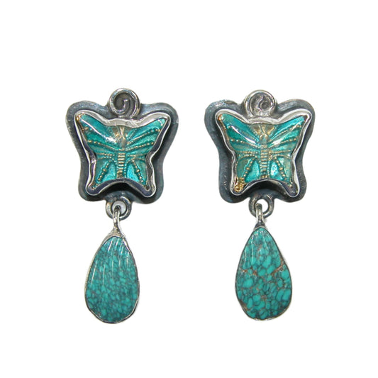 33440 Turquoise and Hand Enameled Butterfly Sterling Silver Dangle Earrings