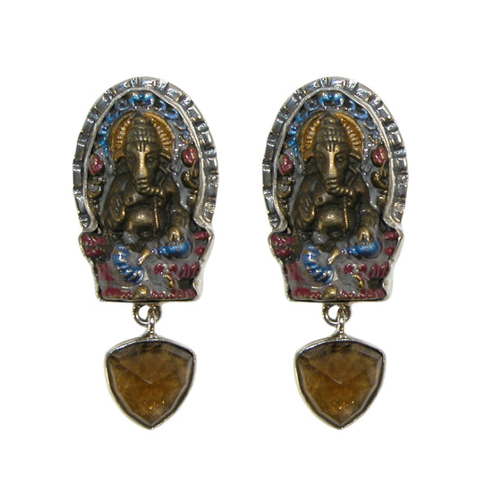 33445B Ganesha Cognac Quartz Sterling Silver Earrings