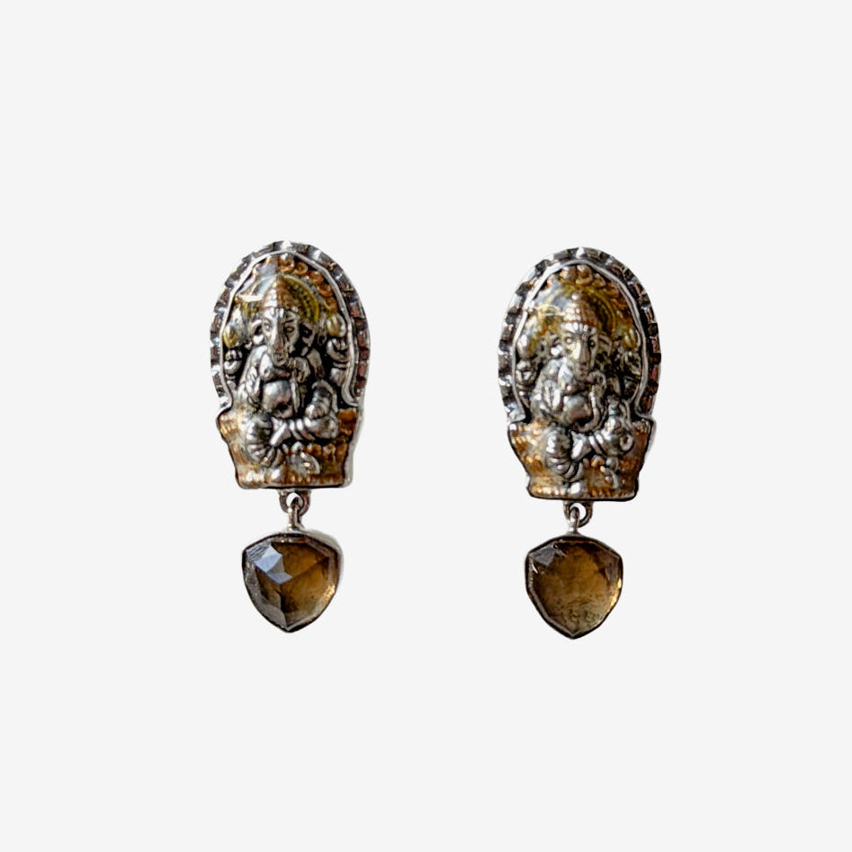 33445B Hand-Enameled Ganesh, Whiskey Topaz Sterling Silver Earrings