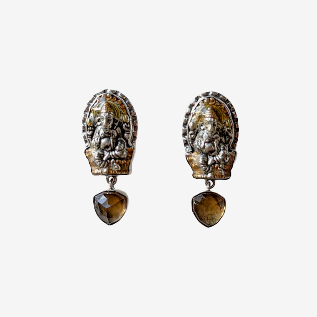 33445A Hand-Enameled Ganesh, Blue Quartz Sterling Silver Earrings