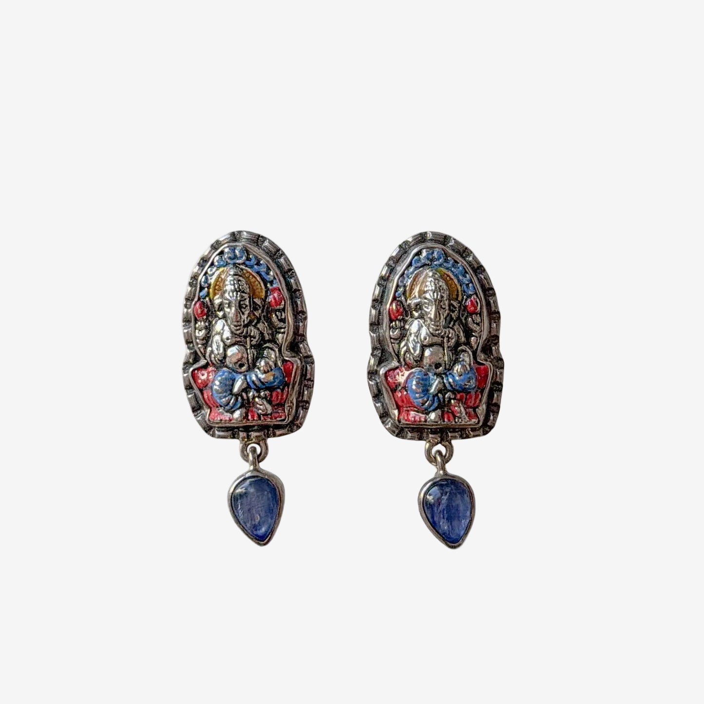 33445 Hand-Enameled Ganesh, Kyanite Sterling Silver Earrings