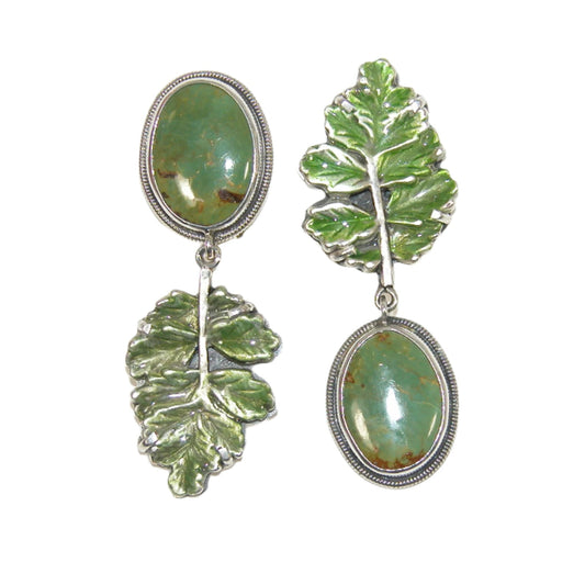 33449 Turquoise and Hand Enameled Fern Sterling Silver Dangle Earrings