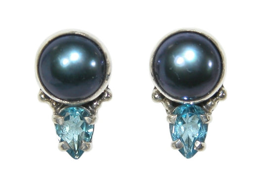 33451 Blue Freshwater Pearl Blue Topaz Sterling Silver Earring