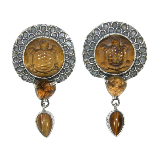 33456 Carved Tigers Eye Turtle Sterling Silver Earrings