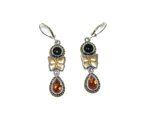 33460L Black Onyx, Citrine, Butterfly Sterling Silver Drop Earrings