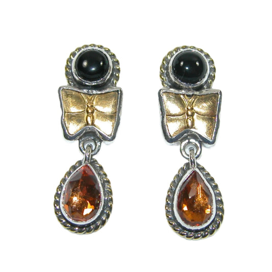 Black Onyx, Quartz, Citrine Sterling Silver Drop Earrings