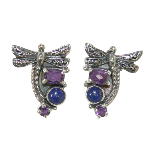 Amethyst, Blue Lapis Dragonfly Sterling Silver Stud Earrings