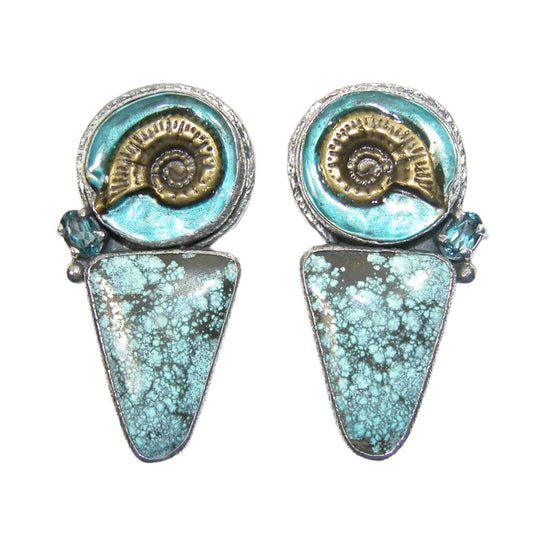 Hand Enameled Shell with Blue Topaz and Turquoise Sterling Silver Earrings