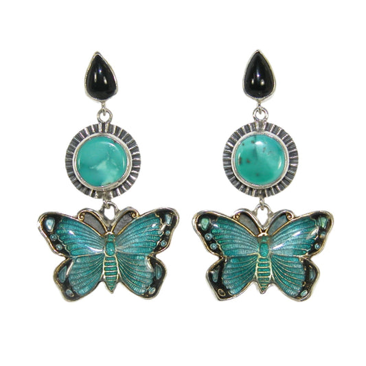 33471 Black Onyx and Turquoise with Hand Enameled Butterfly Sterling Silver Earrings