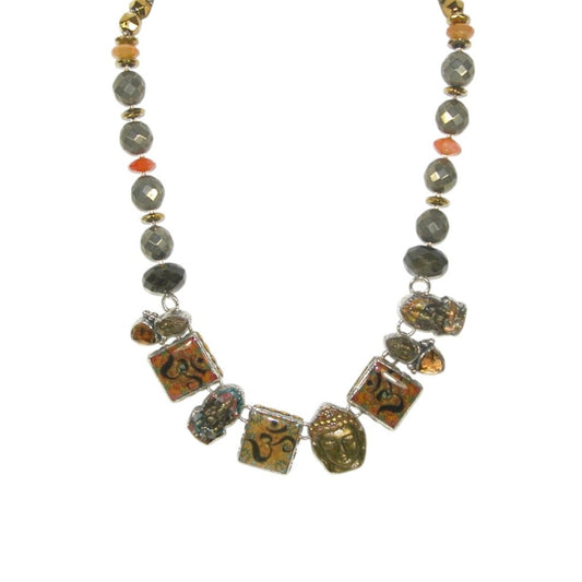 33474 Handmade Buddha Tile with Pyrite Sterling Silver Necklace
