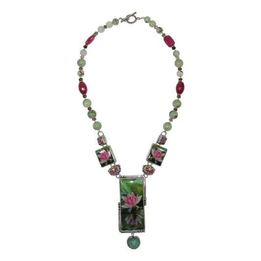 Hand Made Tile, Lotus Beaded Sterling Silver Necklace
