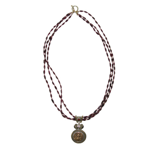 Antique Bee Coin Sterling Silver Beaded Necklace