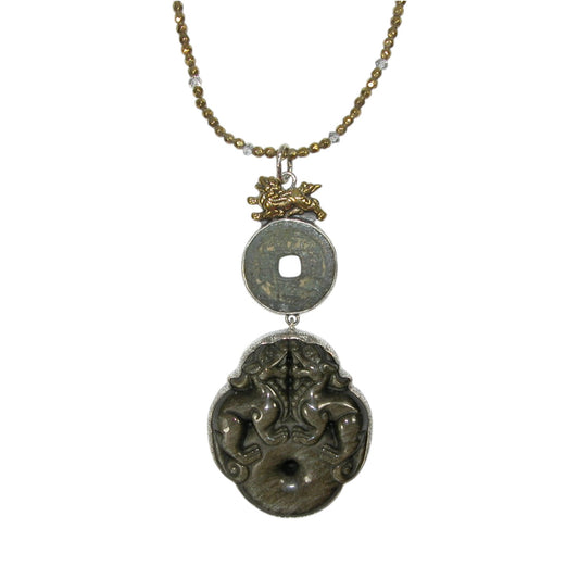 Carved Jade Beaded Sterling Silver Necklace