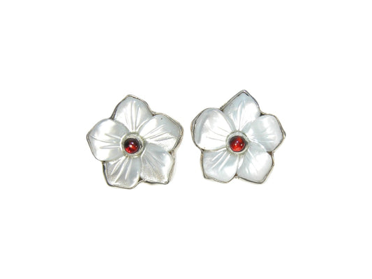 33498 Hand Carved Mother of Pearl Flowers with Garnet Center Post Earrings