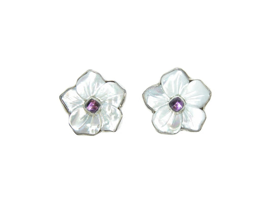 33498A Carved Mother of Pearl Flowers with Amethyst Center Post Earrings