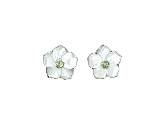 33498B Hand Carved Mother of Pearl Flowers with Peridot Center Post Earrings