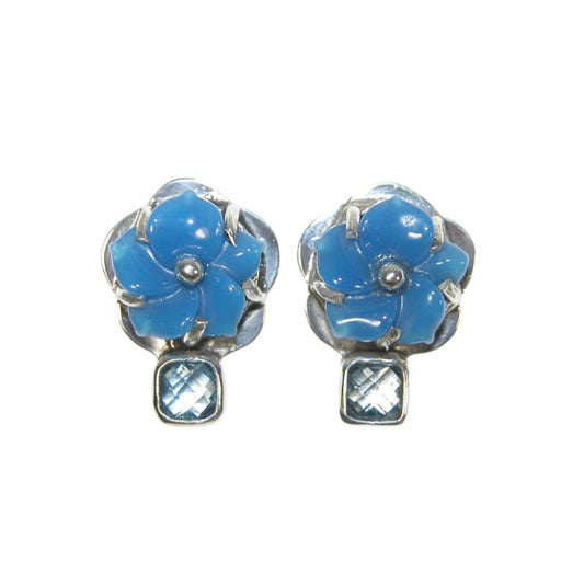 33499 Hand Carved Blue Agate Flowers with Blue Topaz Sterling Silver Post Earrings