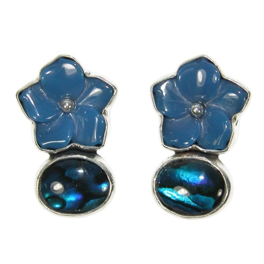 33500 Hand Carved Blue Agate Flowers with Abalone Sterling Silver Post/Clip-On Earrings