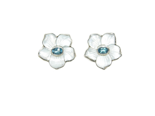 Mother of Pearl Flower with Blue Topaz Center Post/Clip-On Sterling Silver Earrings