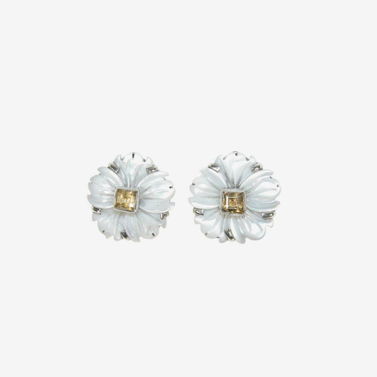 33502A Hand-Carved Mother of Pearl, Citrine Sterling Silver Earrings