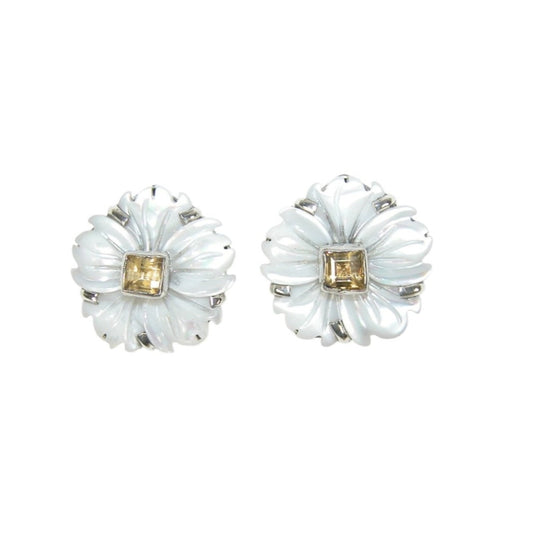 33502A Hand Carved Mother of Pearl Flower Citrine Sterling Silver Stud Earrings